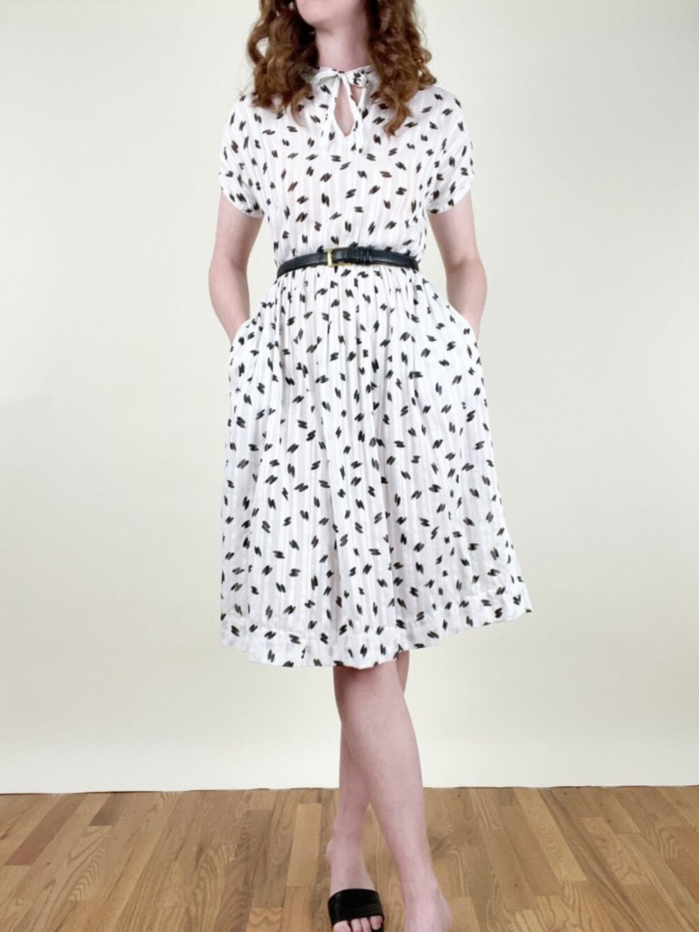 Vintage 80s Midi Sun Dress Fit & Flare 50s MCM Inspired Sundress Summer Casual - Picture 2 of 5
